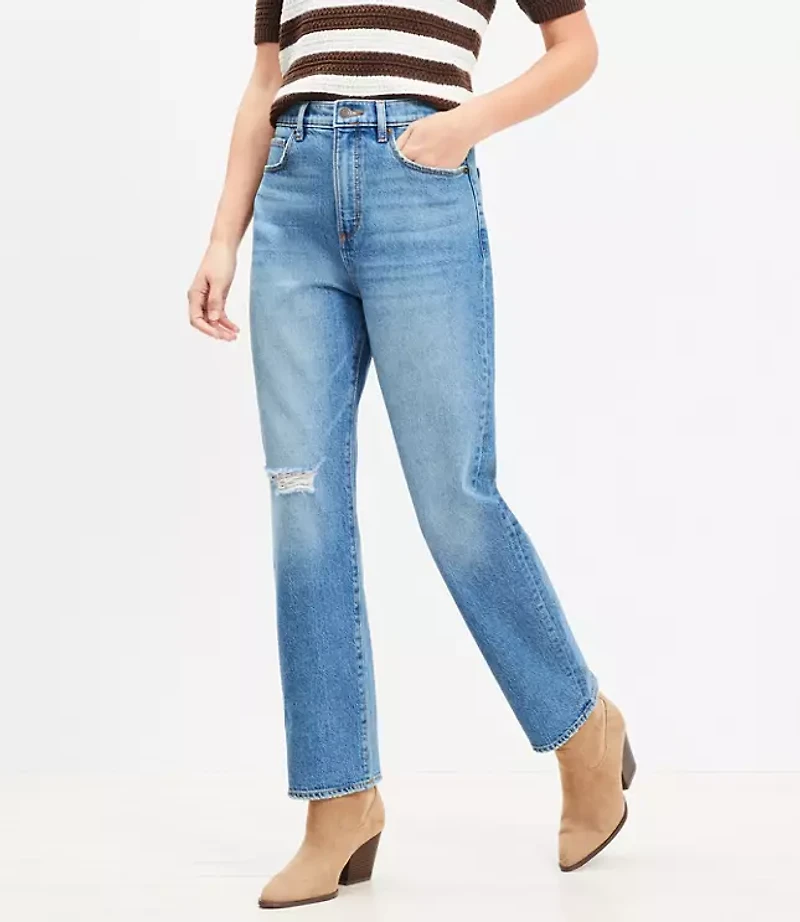 Destructed High Rise Straight Jeans Dark Vintage Wash