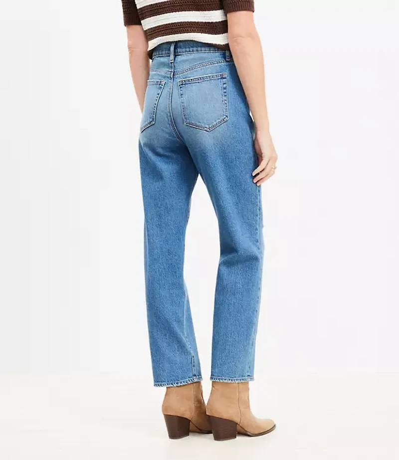 Destructed High Rise Straight Jeans Dark Vintage Wash