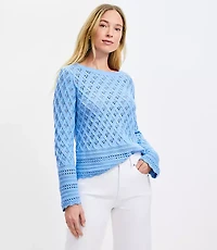 Mixed Pointelle Wide Sleeve Boatneck Sweater