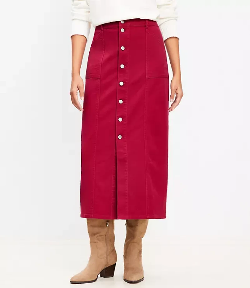 Twill Button Pocket Midi Skirt