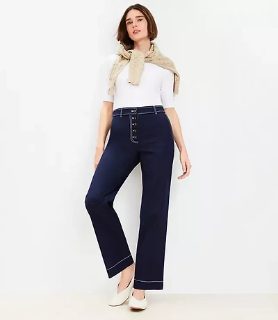 Button Front Straight Pants Twill