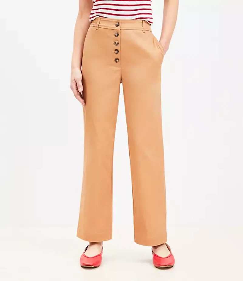 Button Front Straight Pants Twill