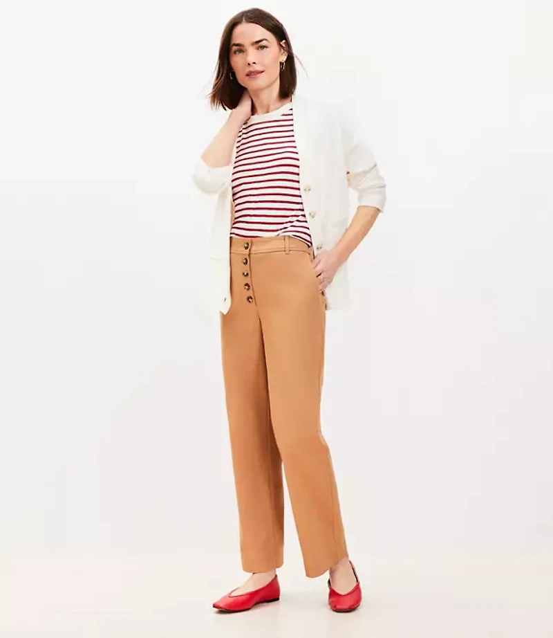 Button Front Straight Pants Twill