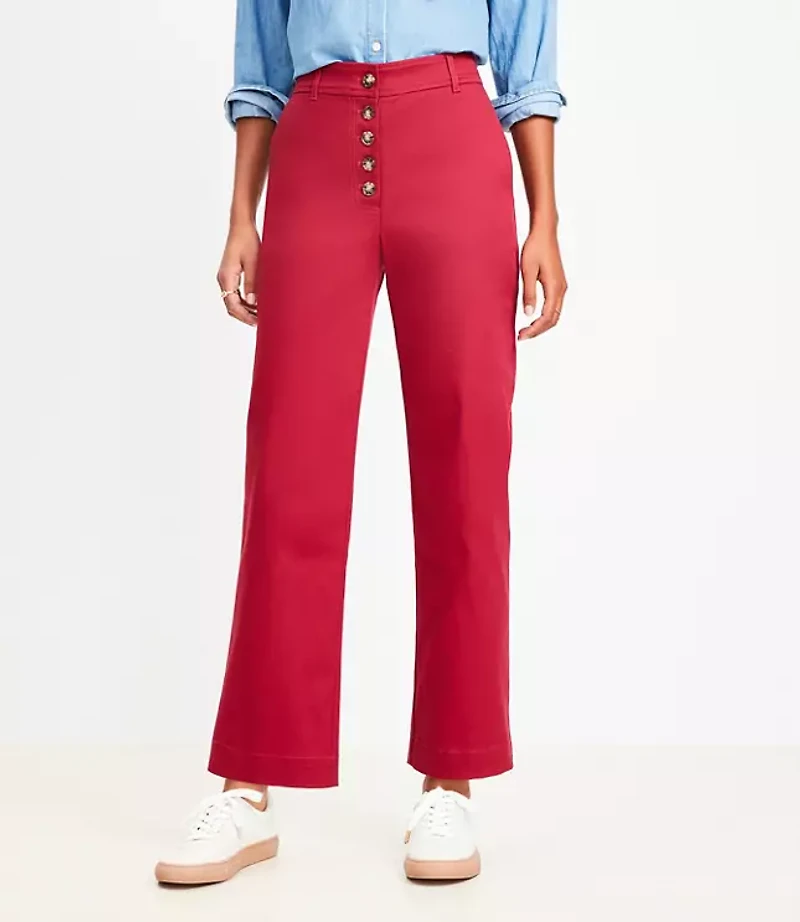 Button Front Straight Pants Twill