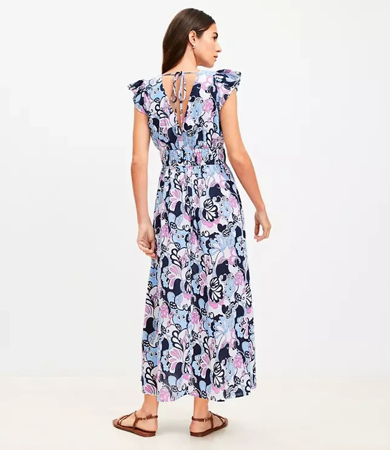LOFT Beach Floral Ruffle Sleeve Maxi Pocket Dress