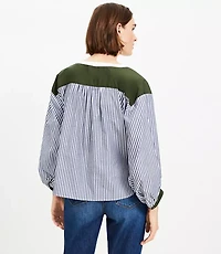 Petite Colorblock Striped Poplin Split Neck Blouse