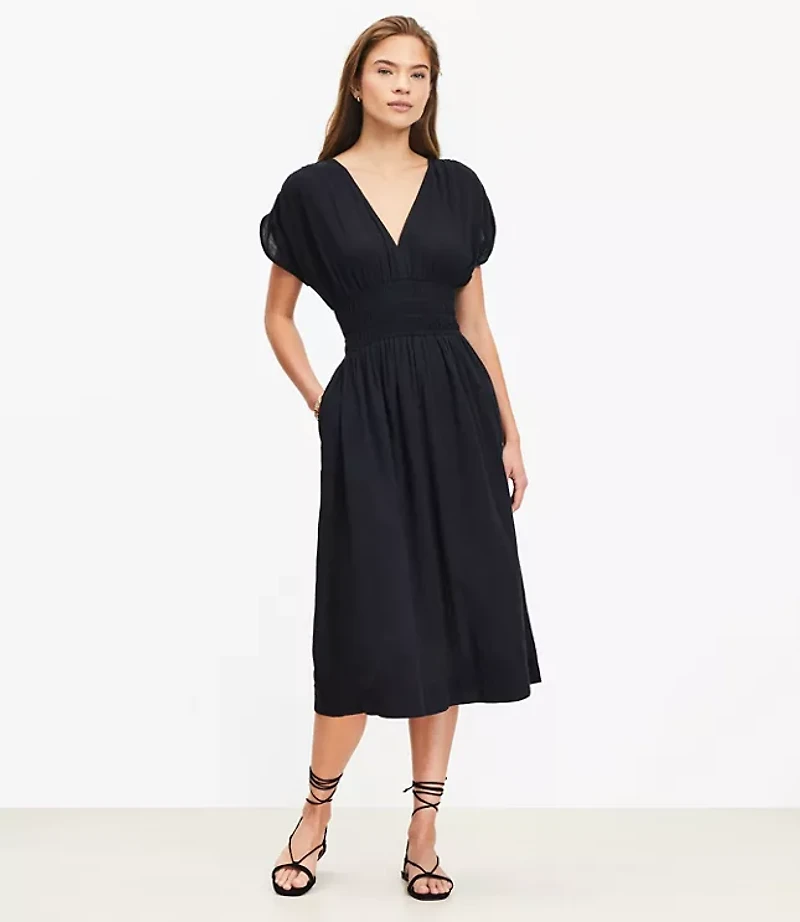 LOFT Beach Crinkle Smocked Midi Pocket Dress