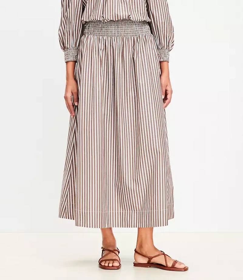 LOFT Beach Striped Poplin Smocked Midi Pocket Skirt