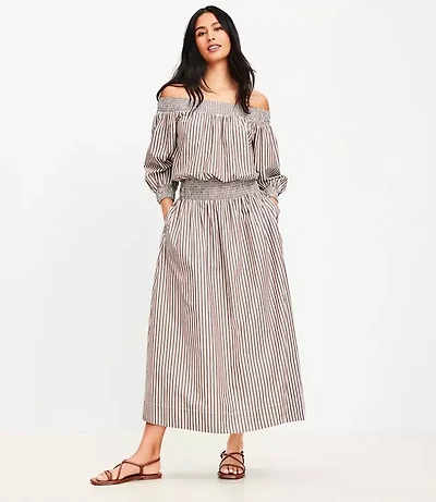 LOFT Beach Striped Poplin Smocked Midi Pocket Skirt
