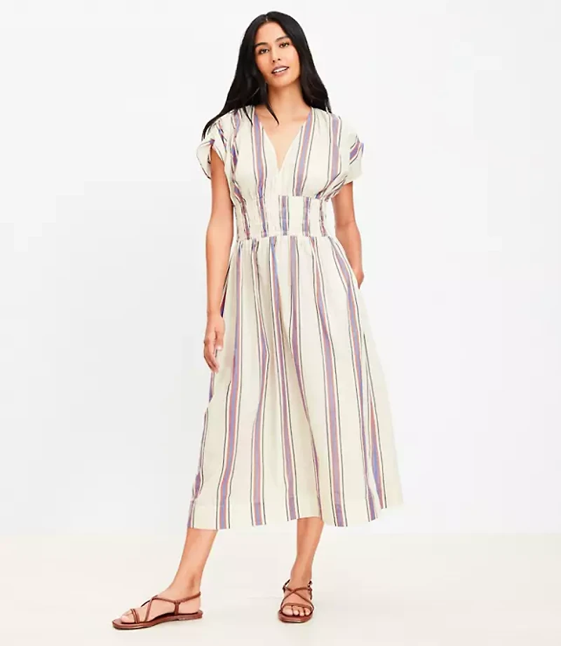 LOFT Beach Striped Smocked Midi Pocket Dress