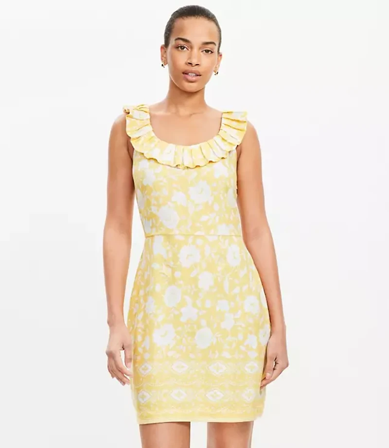 Floral Linen Blend Ruffle Neck Mini Dress