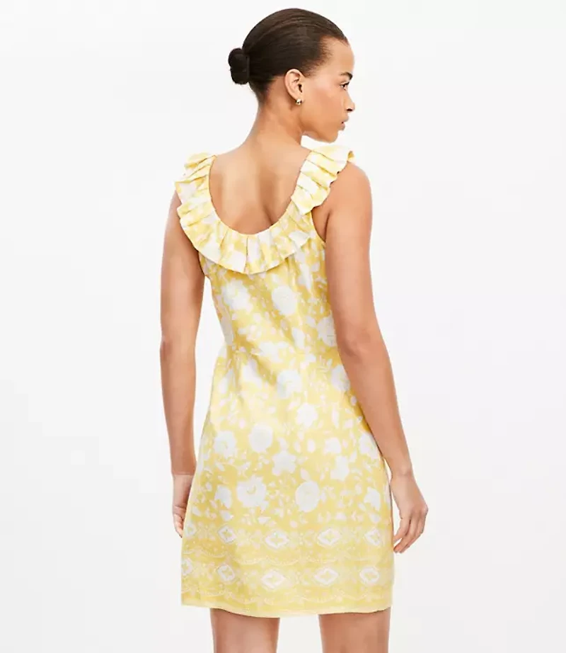 Floral Linen Blend Ruffle Neck Mini Dress