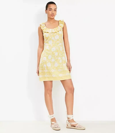 Floral Linen Blend Ruffle Neck Mini Dress