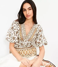 Petite Striped Floral Pintucked V-Neck Peplum Blouse