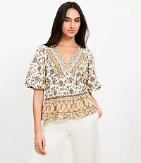 Petite Striped Floral Pintucked V-Neck Peplum Blouse