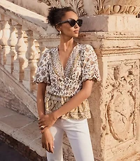 Petite Striped Floral Pintucked V-Neck Peplum Blouse