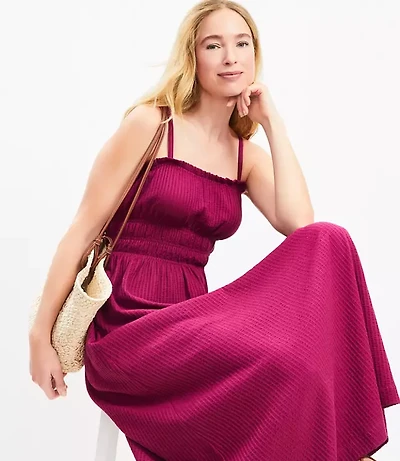 Petite Seersucker Smocked Strappy Maxi Pocket Dress