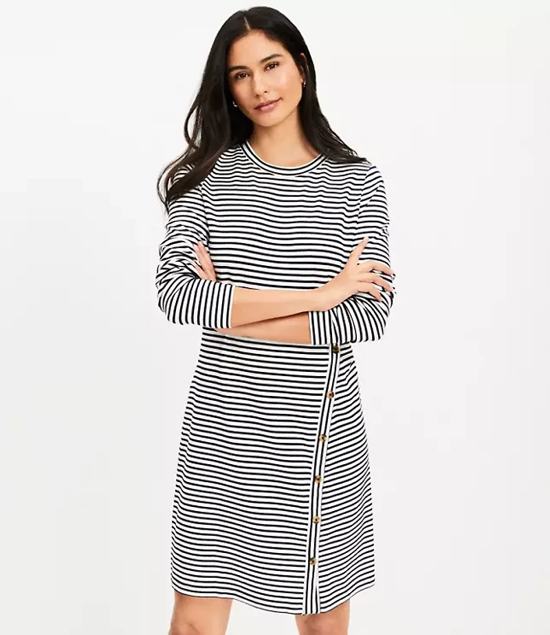 Petite Striped Side Button Long Sleeve Mini Dress
