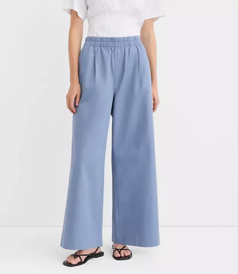 Pleated Pull On Wide Leg Pants Twill