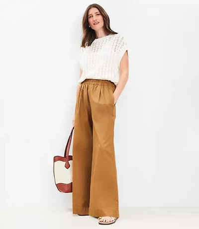 Pleated Pull On Wide Leg Pants in Twill
