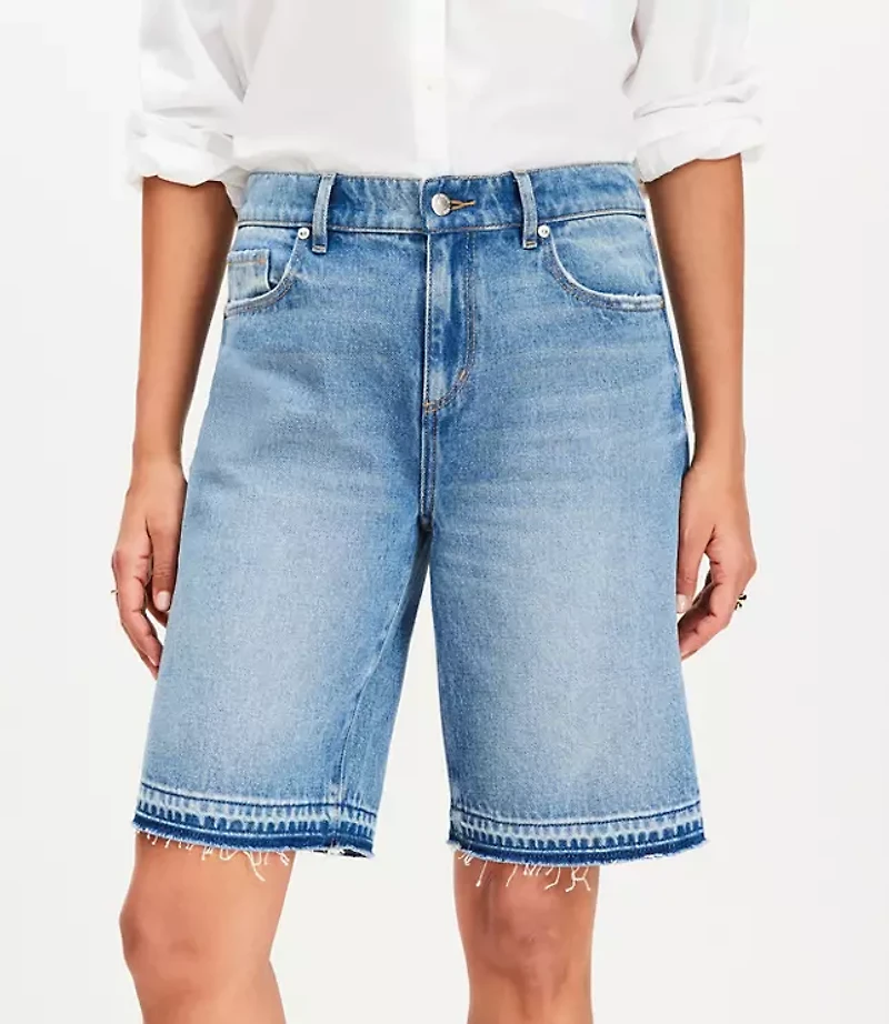 Let Down Hem Denim Bermuda Shorts in Bright Mid Indigo Wash