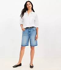 Let Down Hem Denim Bermuda Shorts in Bright Mid Indigo Wash