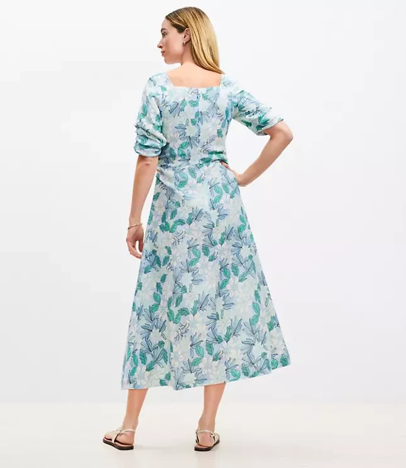 Petite Gardenia Shirred Linen Blend Button Midi Dress