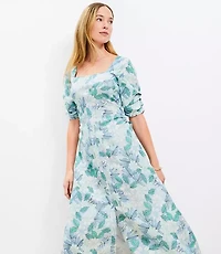 Petite Gardenia Shirred Linen Blend Button Midi Dress