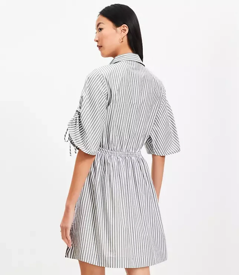 Striped Poplin Tie Sleeve Mini Pocket Shirtdress