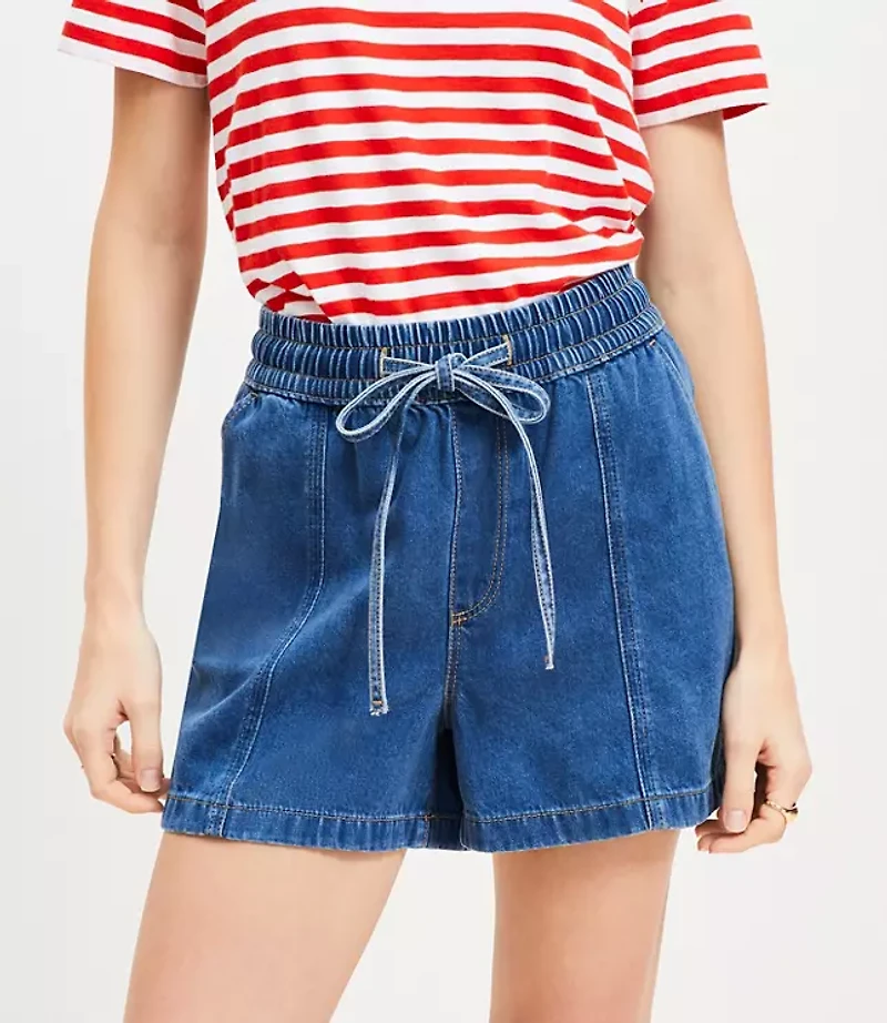 High Rise Drawstring Denim Shorts Classic Mid Wash