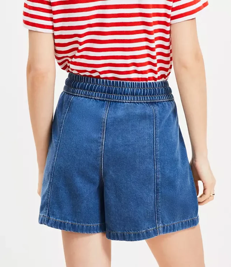 High Rise Drawstring Denim Shorts Classic Mid Wash