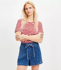 High Rise Drawstring Denim Shorts Classic Mid Wash