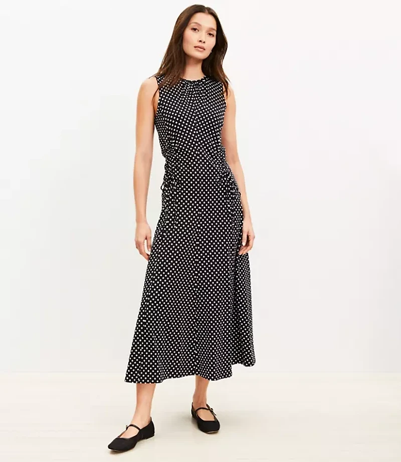 Petite Dotted Cinched Front Tie Midi Dress