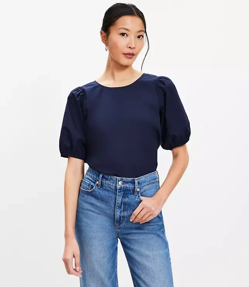 Poplin Cutout Back Bubble Sleeve Top