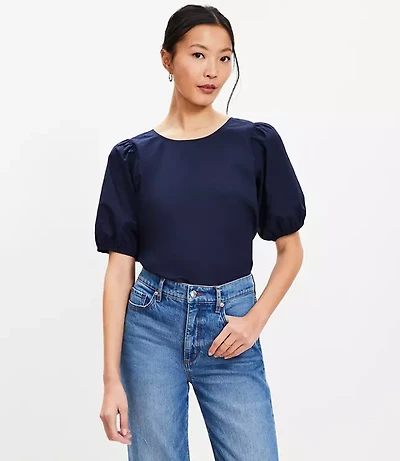 Poplin Cutout Back Bubble Sleeve Top