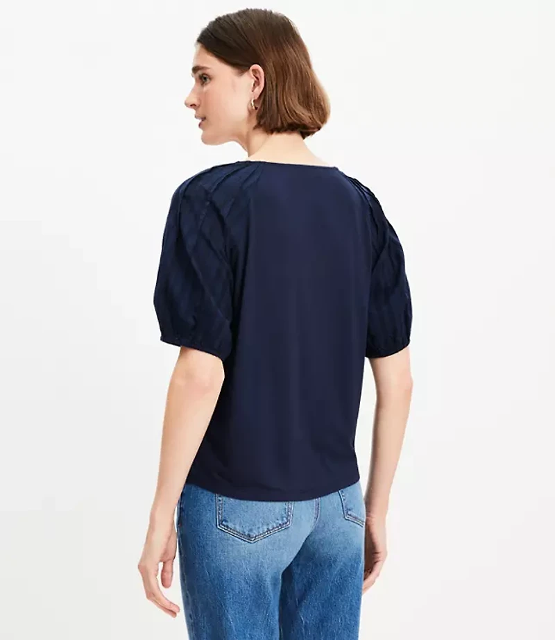 Dobby Bubble Sleeve Mixed Media Blouse