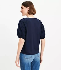 Dobby Bubble Sleeve Mixed Media Blouse