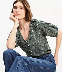 Petite Paisley Bubble Sleeve Mixed Media Blouse