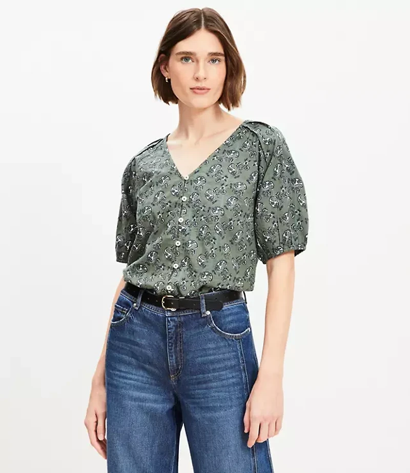 Petite Paisley Bubble Sleeve Mixed Media Blouse