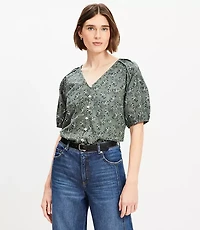 Petite Paisley Bubble Sleeve Mixed Media Blouse