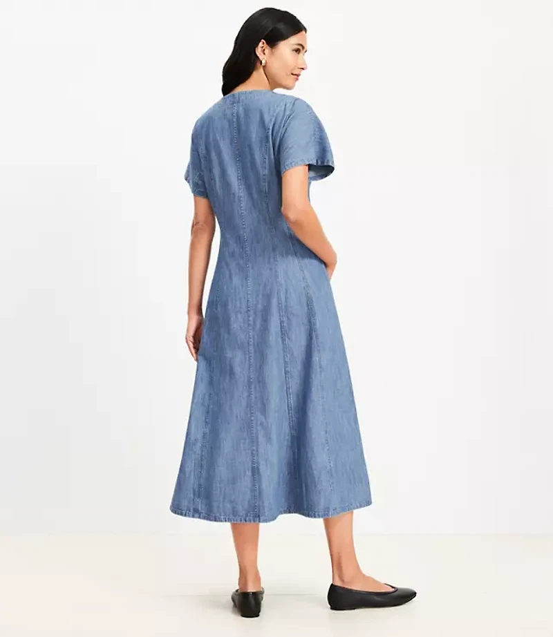 Petite Chambray V-Neck Midi Pocket Dress