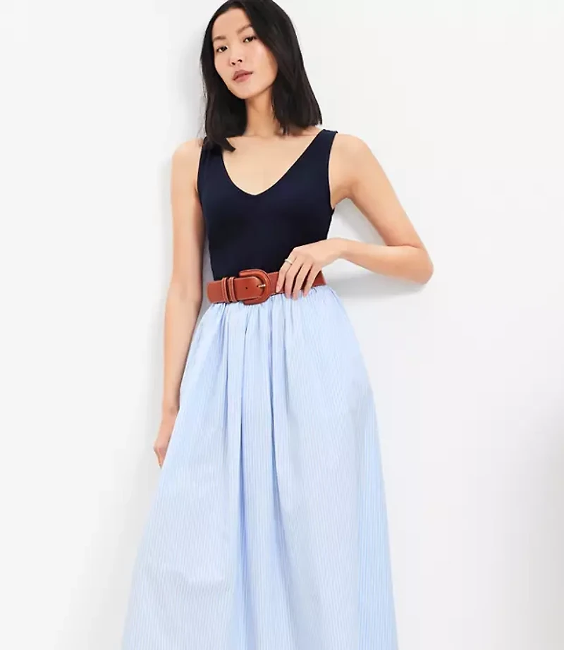 Striped Mixed Media Midi Pocket Dress