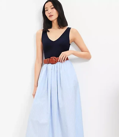 Striped Mixed Media Midi Pocket Dress