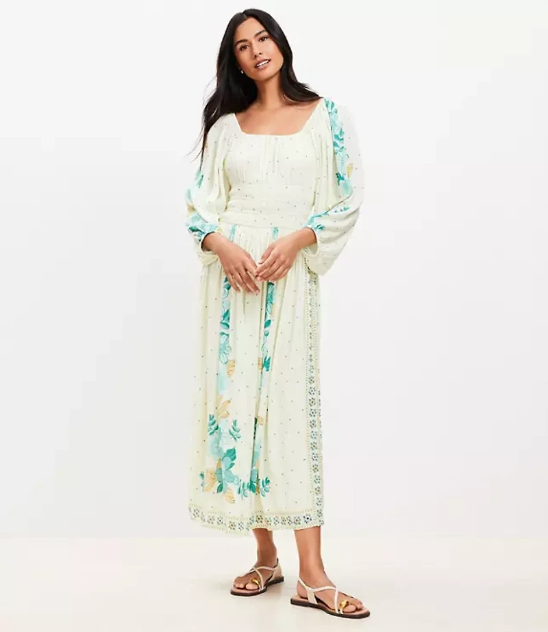 Petite Border Floral Smocked Waist Midi Dress