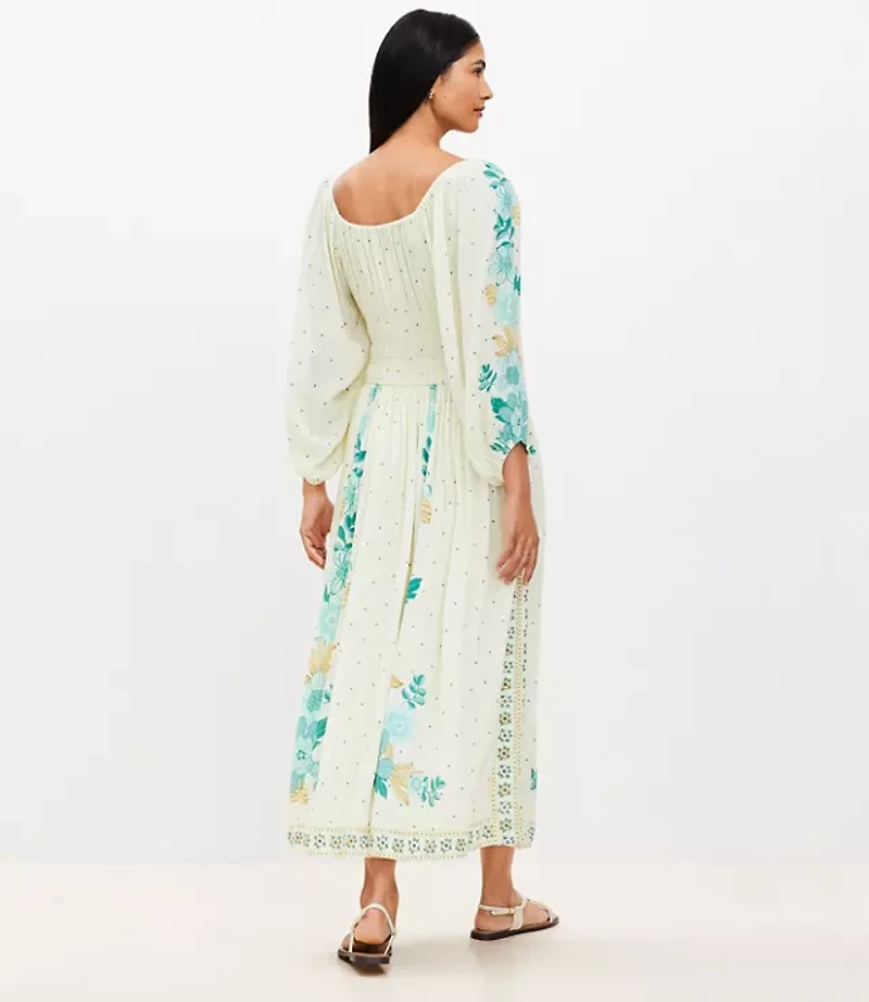 Petite Border Floral Smocked Waist Midi Dress