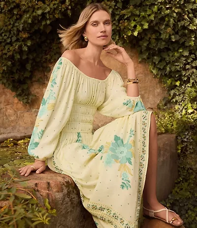 Petite Border Floral Smocked Waist Midi Dress