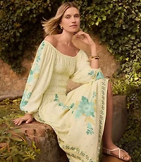 Petite Border Floral Smocked Waist Midi Dress