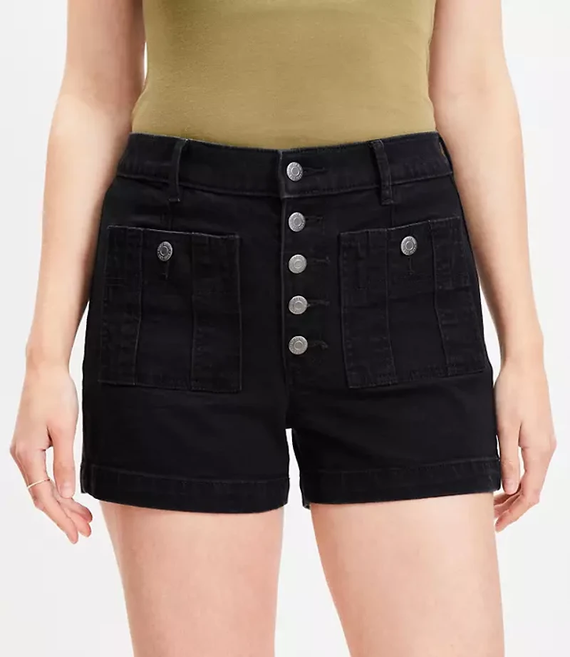 Petite Patch Pocket High Rise Denim Shorts in Classic Black Wash