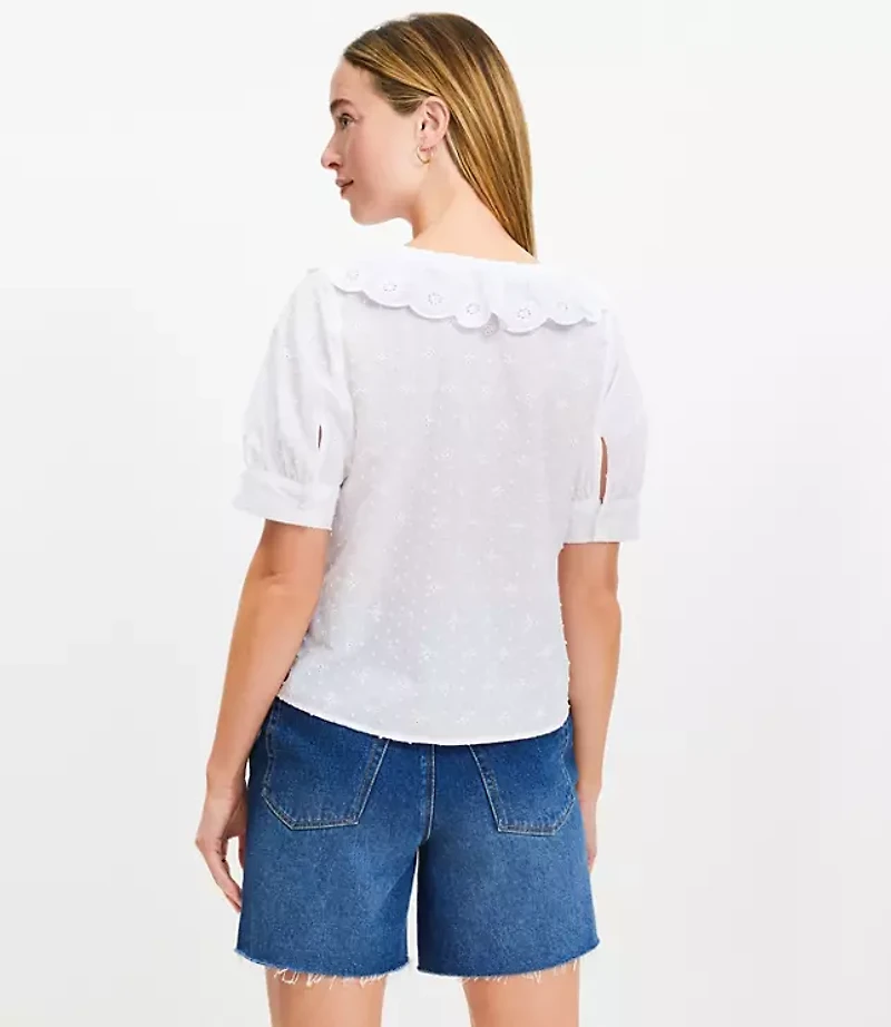 Clip Eyelet Ruffle Puff Sleeve Blouse