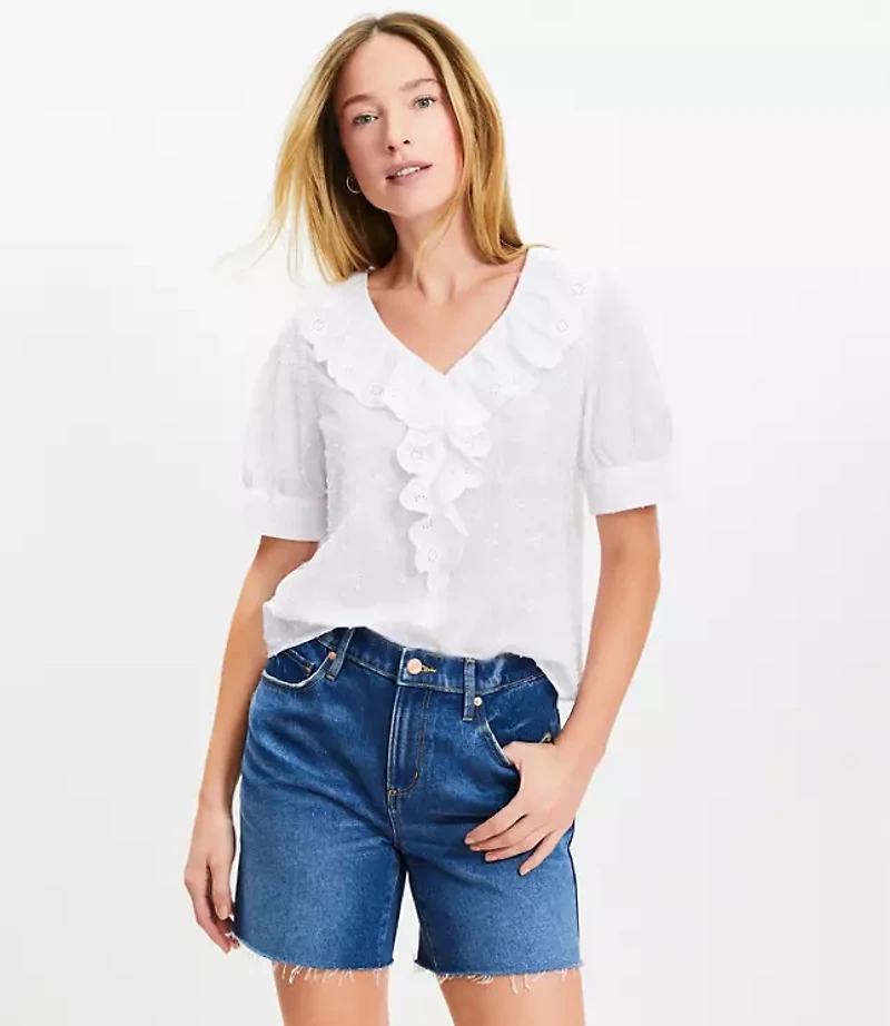 Clip Eyelet Ruffle Puff Sleeve Blouse